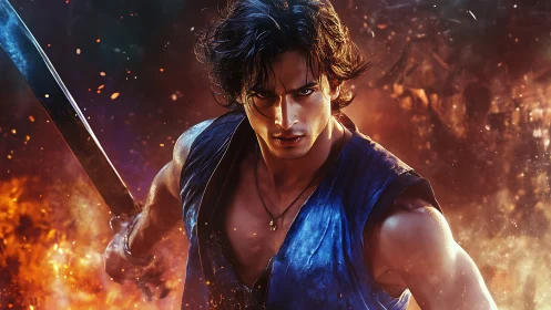 Fierce young warrior strides through fire with bold resolve.