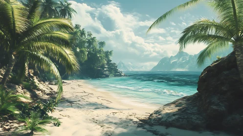 Tropical Paradise Beach With Mountain Vista.