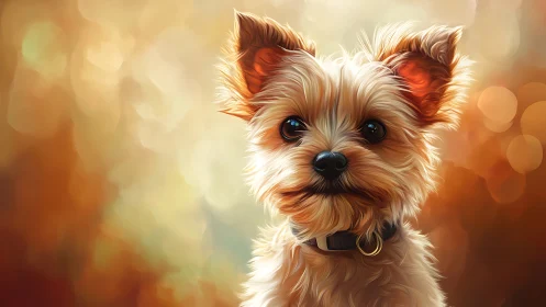 Digital painting portrait of small terrier with bokeh backdrop.