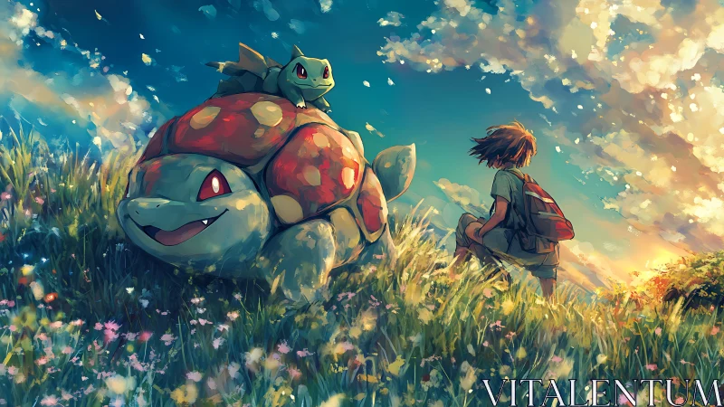 Trainer sits beside two fantasy creatures in grassy field