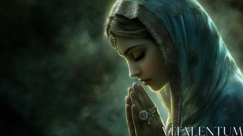 Digital painting portrait of veiled woman in luminous prayer.