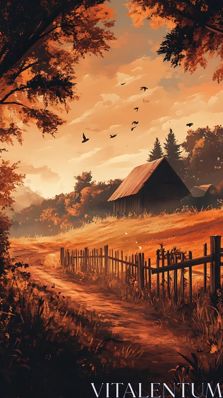 Golden autumn path gently winding toward a quiet country barn