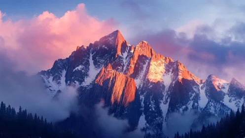 Sunlit alpine peaks above misty forest at sunset.
