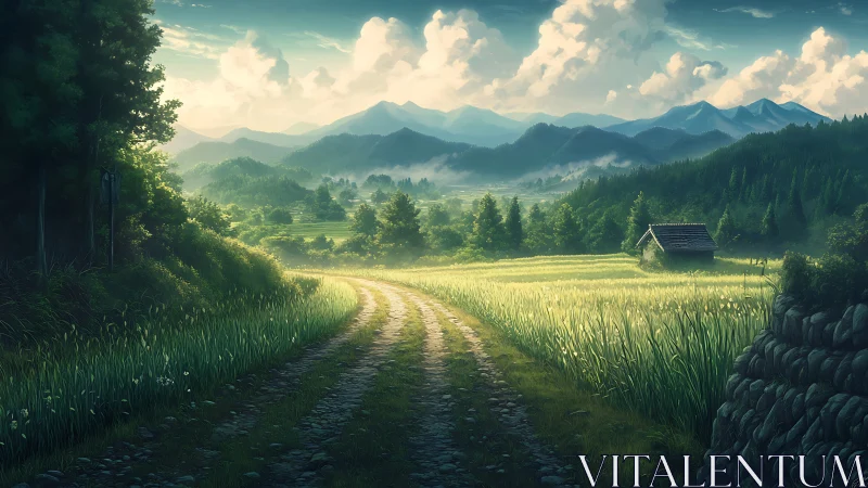Sunlit rural path curves through rice fields toward misty mountains