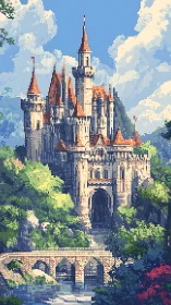 Pixel fantasy castle above stone bridge and river.