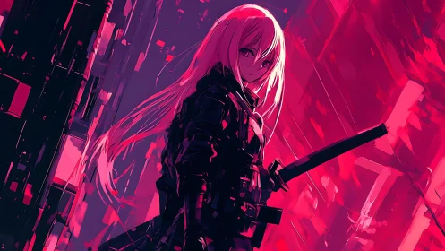 Neon cyberpunk swordswoman in crimson urban battlefield.