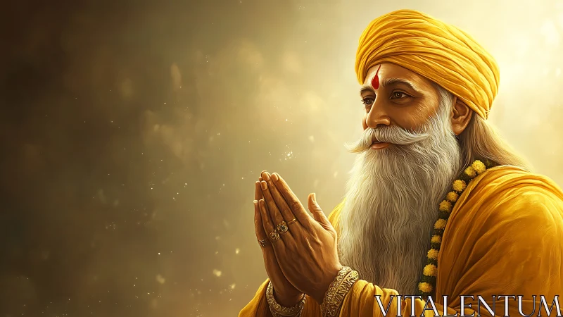 Elderly bearded guru in yellow robes in prayerful pose.