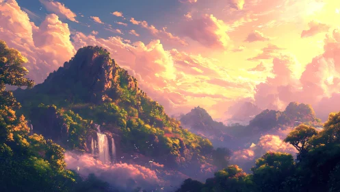 Luminous sunset over misty jungle mountains with cascading waterfall