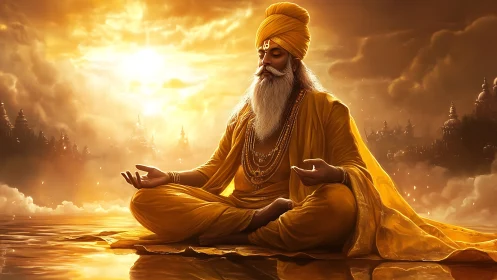Golden robed sage meditates over reflective sacred water