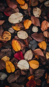 Overhead view documents layered multicolored fallen leaves