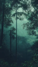 Misty Forest Canopy Through Tall Trees.