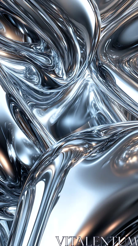 Liquid chrome ribbons in flowing abstract metallic field.
