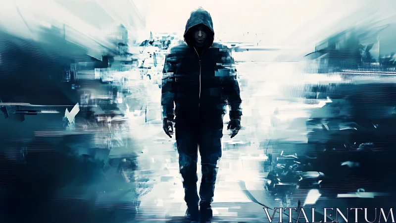 Hooded figure walks through glitching neon cyber corridor