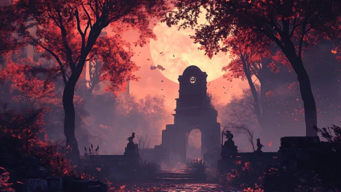 Ruined stone archway under large full moon in forest.