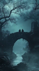 Moonlit ruin bridge frames two silhouettes in misty valley