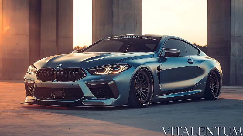 Sleek custom BMW coupe glows softly in warm sunset light