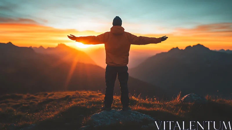 Hiker embraces sunrise on mountain ridge in warm golden light.