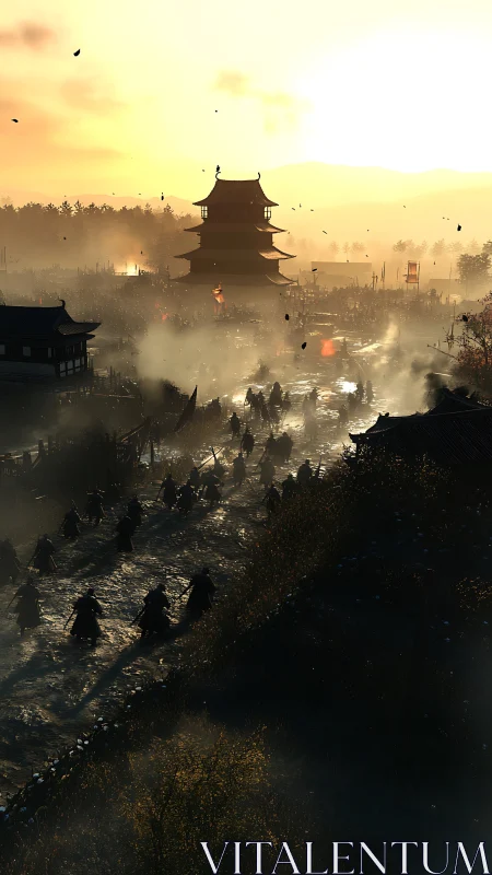 Sunlit samurai approach a misty pagoda under golden skies.