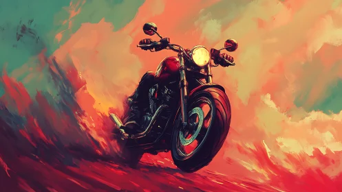 Dynamic cafe racer motorcycle accelerates through abstract color field