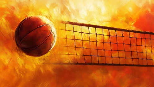 Fiery volleyball spike across glowing abstract net field.