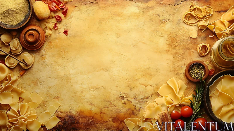 Rustic pasta ingredients frame a warm Italian cooking scene