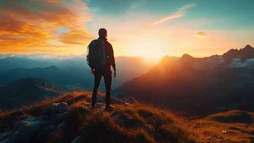 Backpacker silhouette overlooking vivid mountain sunrise.