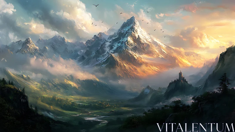 Sunlit fantasy mountains rise over misty valley kingdom