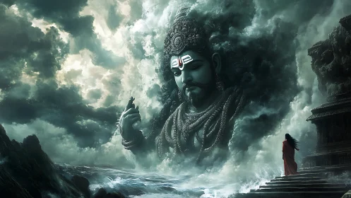 Colossal storm-formed deity emerging over turbulent ocean.