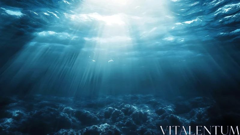 Sunbeams pierce a tranquil deep ocean, revealing silent depths