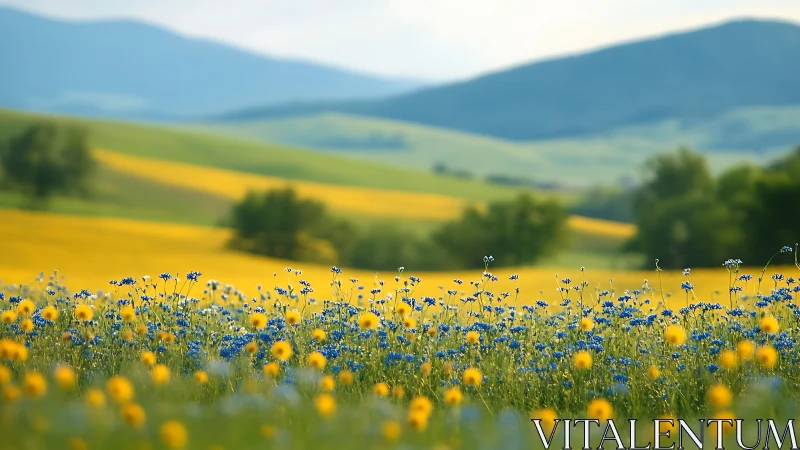 Wildflower meadow under rolling green hills at sunrise.