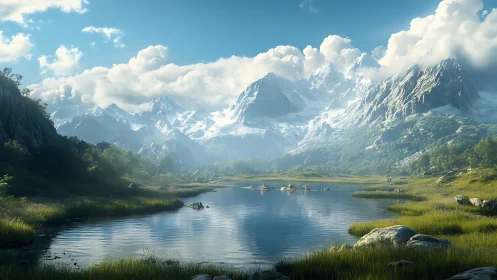 Mountain lake reflects distant snow-covered peaks and clouds