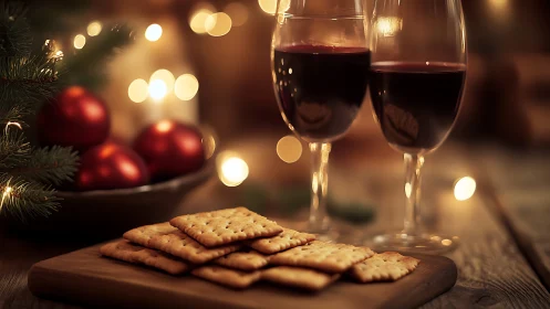 Cozy holiday wine and crackers beside glowing tree lights.