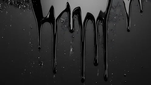 Glossy black liquid drips over dark textured surface.