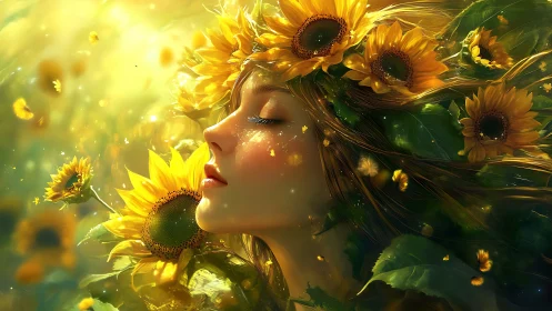 Female profile surrounded by sunflowers and green foliage.