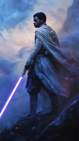 Young warrior stands on volcanic ridge holding glowing sword