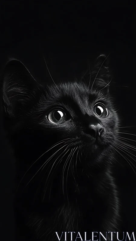 Black Cat Portrait Against Darkness. Intense Feline Gaze.