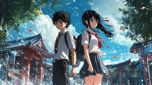 High school pair in vivid shrine street scene.