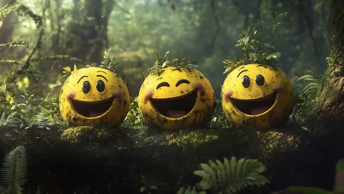 Mossy smiley spheres with leaf crowns sit on forest log