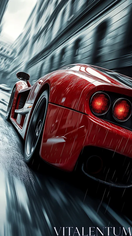 Red supercar accelerates through rainy city street in motion blur