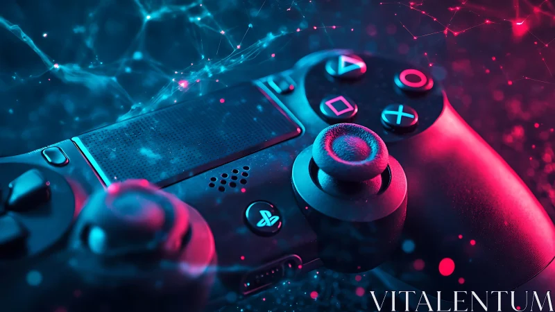 PlayStation style game controller under neon cyber lighting