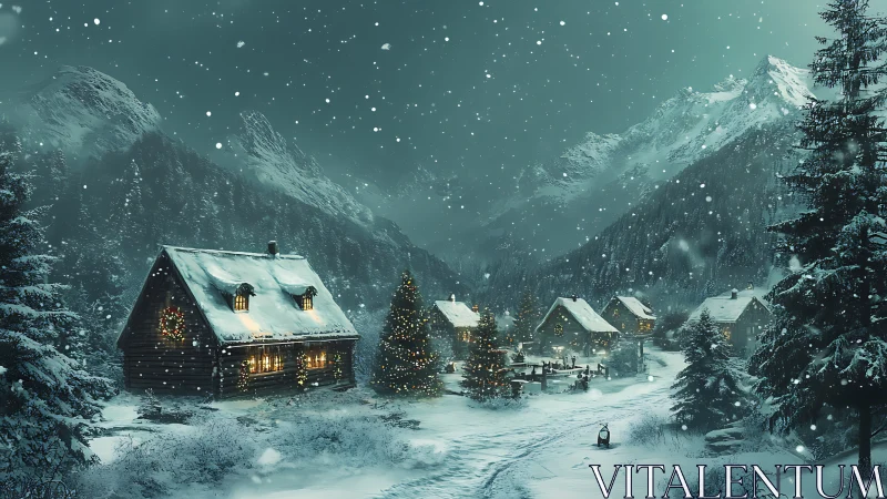 Luminescent alpine cabins in snow-laden nocturnal valley.