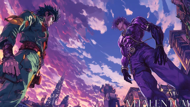 Rival heroes meet under a glowing, stormy twilight sky.