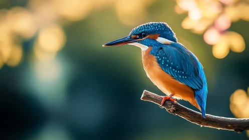 Vibrant blue kingfisher perched on branch in soft golden light.