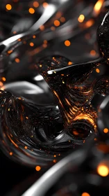 Liquid black metal swirl with glowing orange particles