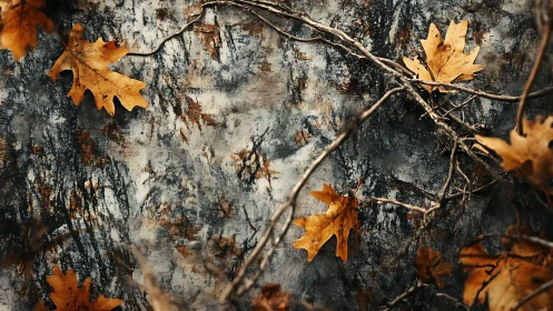 Golden oak leaves rest on a weathered stone backdrop