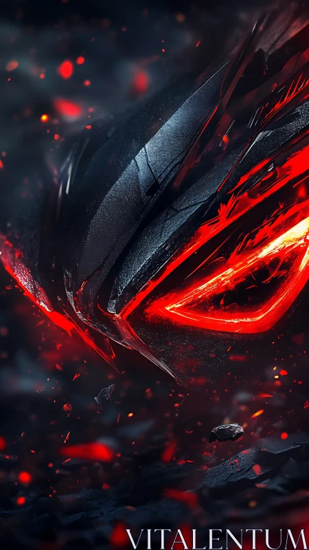 Volcanic cyber-helm with incandescent angular visor glare.