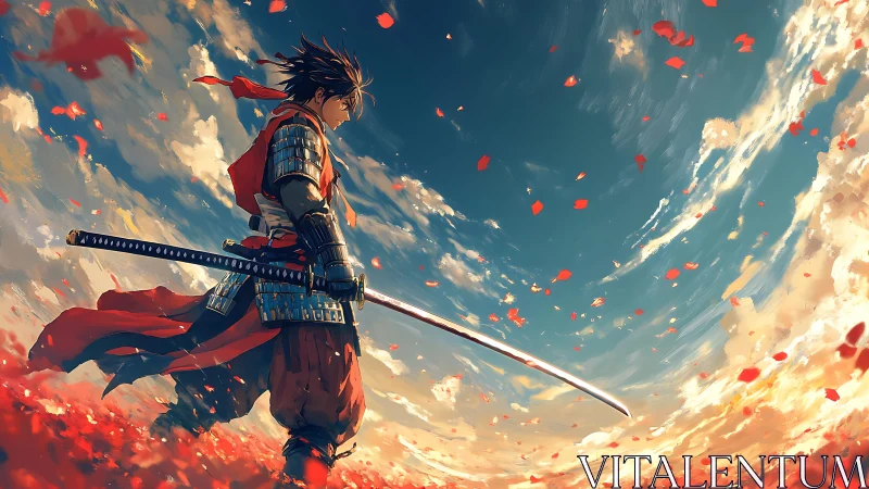 Skyward petals whirl as the lone samurai measures the horizon