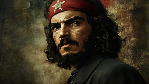 Defiant warrior portrait under red star headband light.