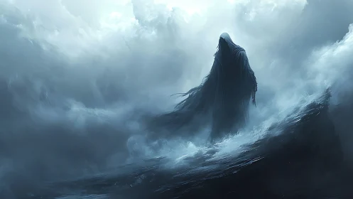Storm-wreathed wraith strides through roaring spectral seas.