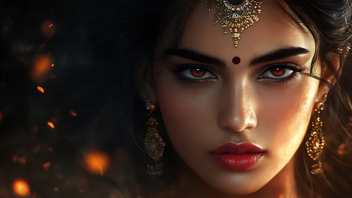 Hyperreal portrait of jeweled woman with ember-lit gaze